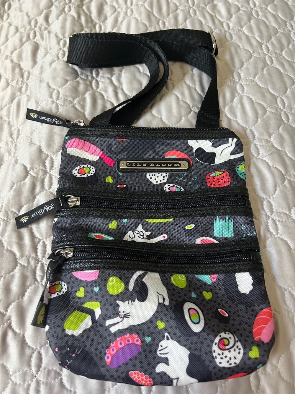Lily Bloom Black Crossbody with Colorful Cat & Sushi Motif
